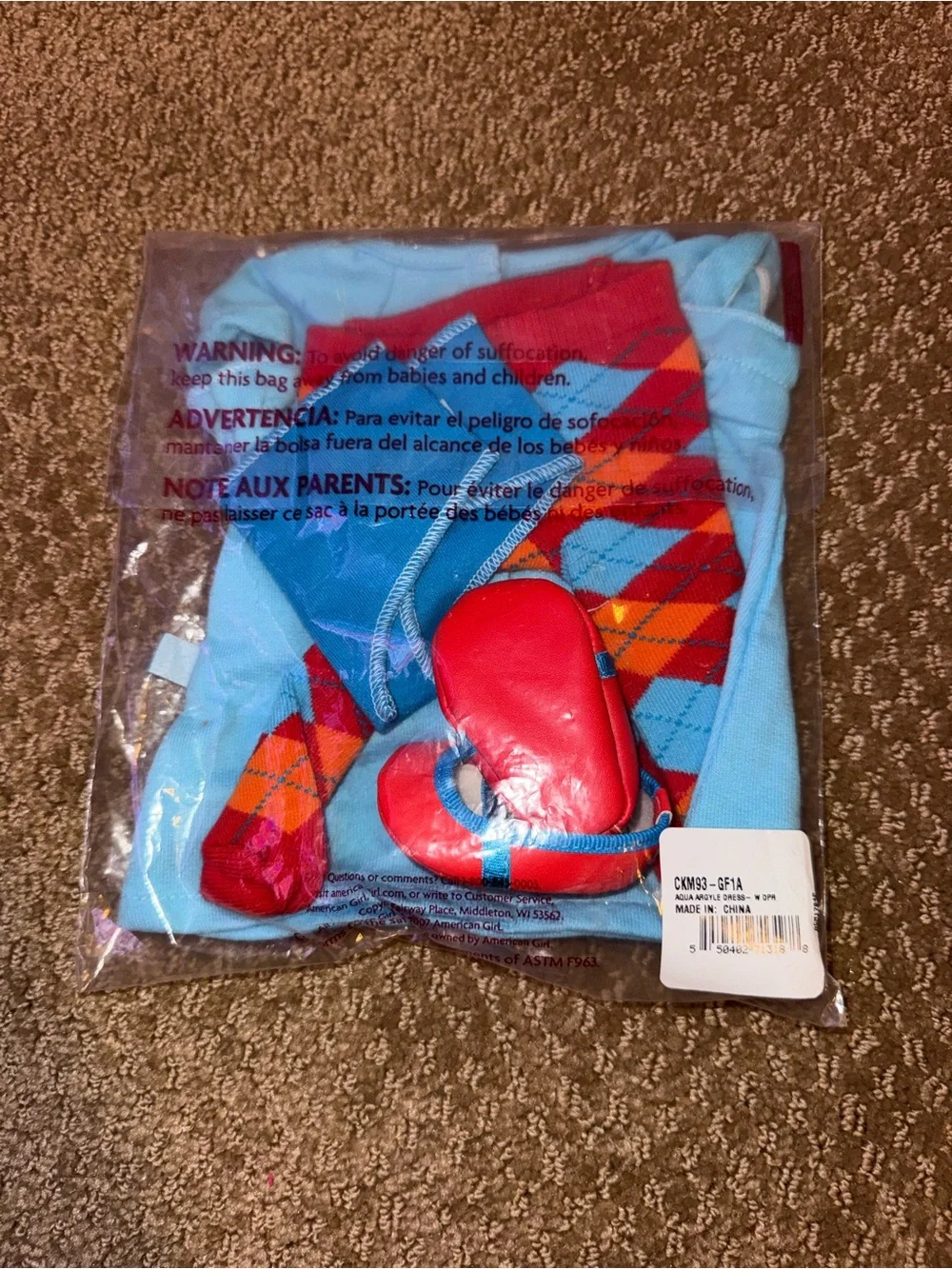 American Girl Light Blue Short Sleeve Tee with Red and Orange Argyle
